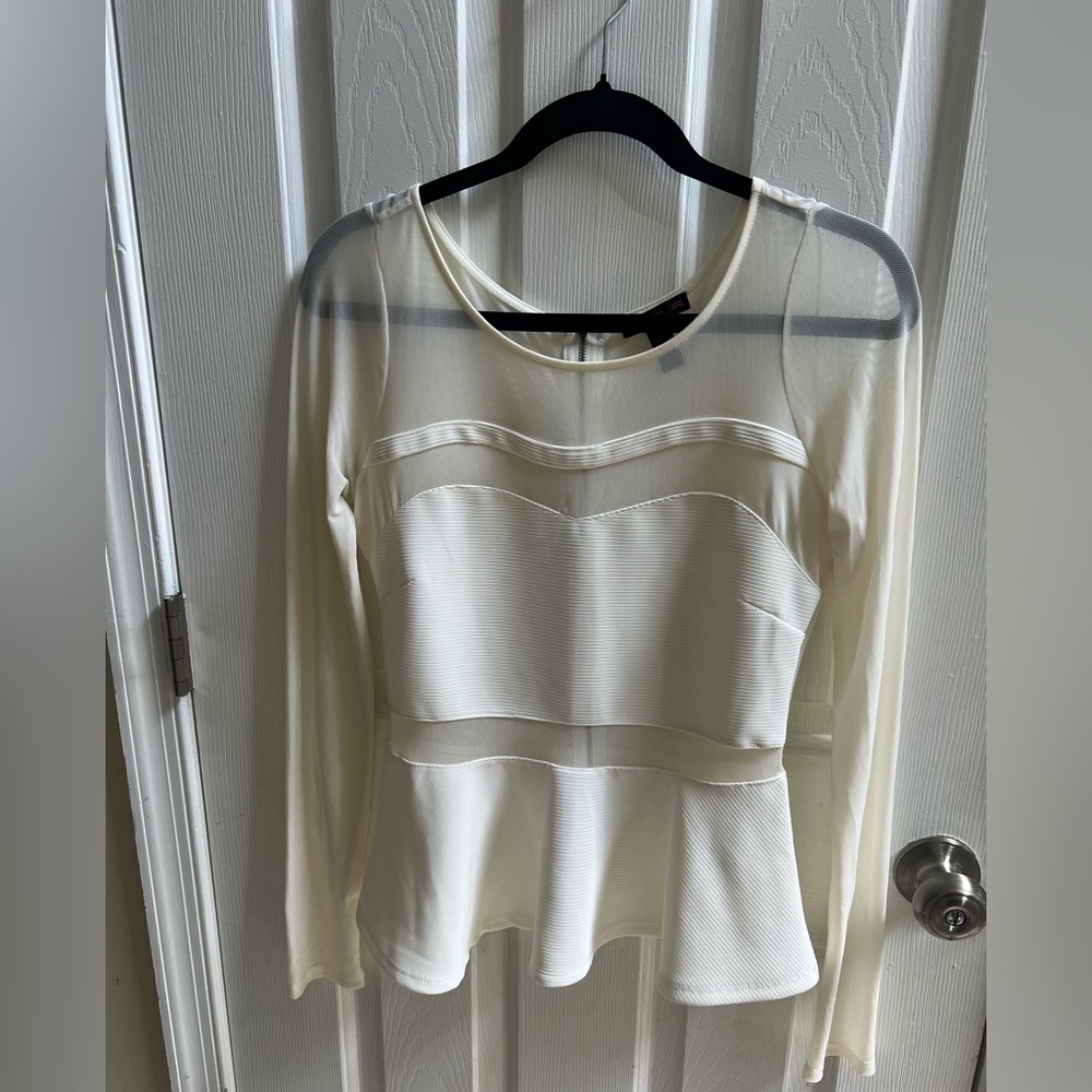 Material Girl Cream Peplum Blouse Mesg Sheer